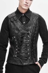 Gray V Neck Fog Flower Shoulder Loop Chest Lace Up Men's Punk Waistcoat - Grey - 1
