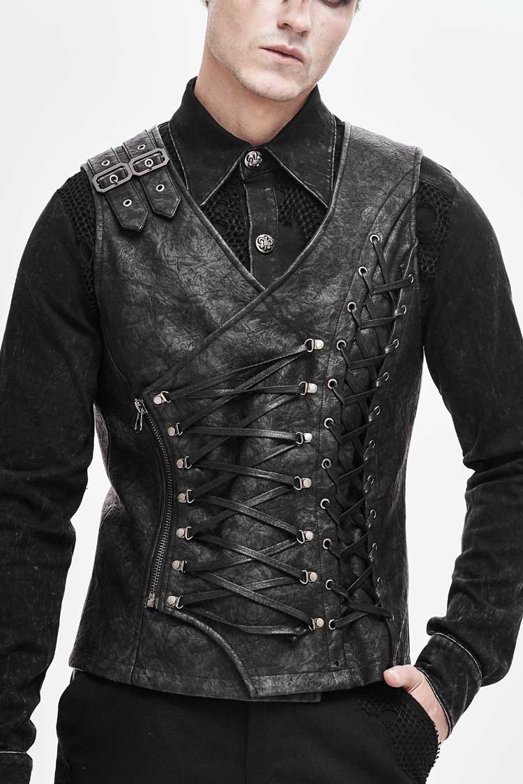 Gray V Neck Fog Flower Shoulder Loop Chest Lace Up Men's Punk Waistcoat - Grey - 1