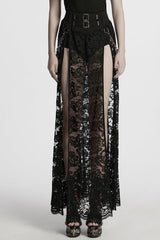 Black Embroidery Split Lace Women's Gothic Skirt with Studded Chain - Black - 1