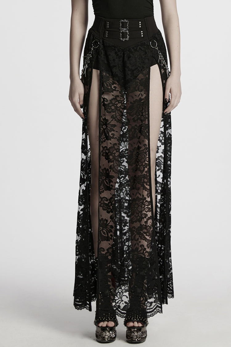Black Embroidery Split Lace Women's Gothic Skirt with Studded Chain - Black - 1