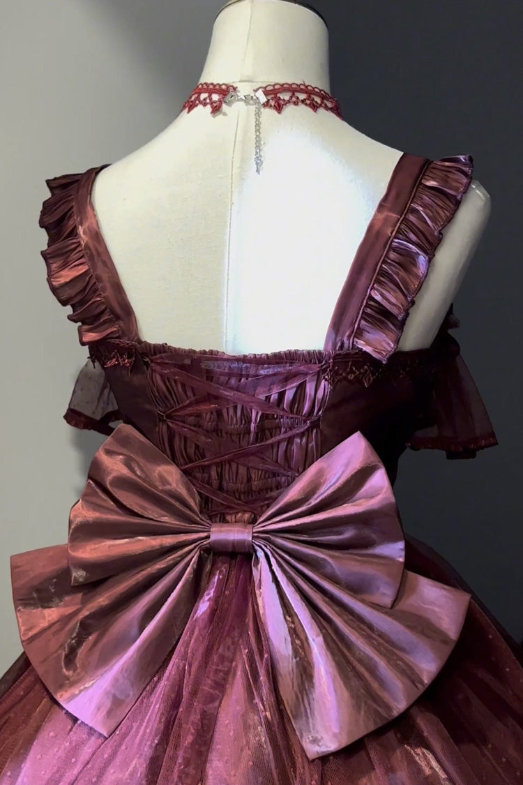 Red Square Collar Sleeveless Ruffled Bow Lace-Up Classic Elegant Princess Lolita Jsk Dress - Product - 5