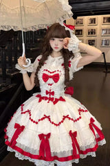 Red/White [Scarlet Heart Cocoa] Sleeveless Triple-Layered Ruffle Embroidery Bowknot Lace Sweet Lolita Jsk Dress - Product - 5