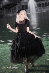 Black Twin Ivory Towers Short Sleeves Five-Layered Ruffle Gothic Lolita Dress - Product - 4