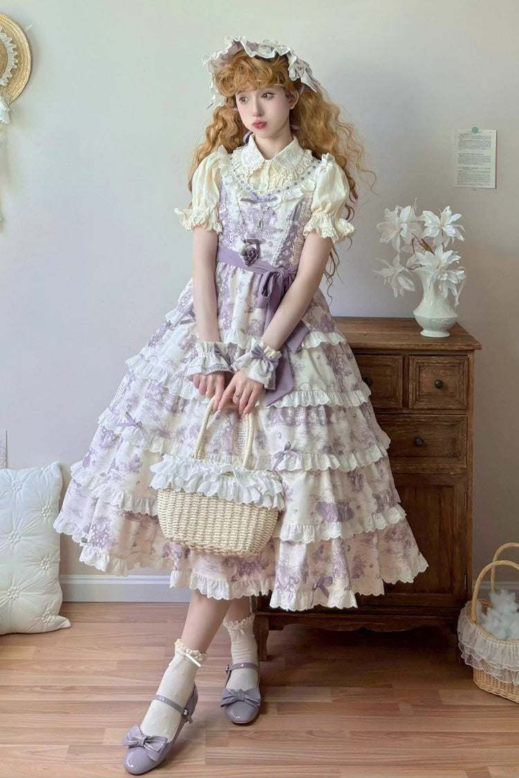 Purple [Grape Moon Almanac] Sleeveless Multi-Layered Printed Ruffled Bow Adjustable-Length Sweet Lolita Jsk Dress - Product - 13