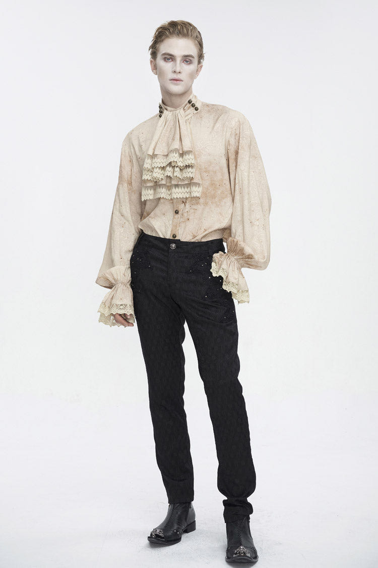 Apricot Stand Collar Puff Sleeved Men's Gothic Shirt With Necktie - Product - 4