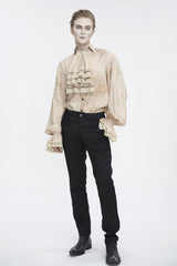 Apricot Stand Collar Puff Sleeved Men's Gothic Shirt With Necktie - Product - 4