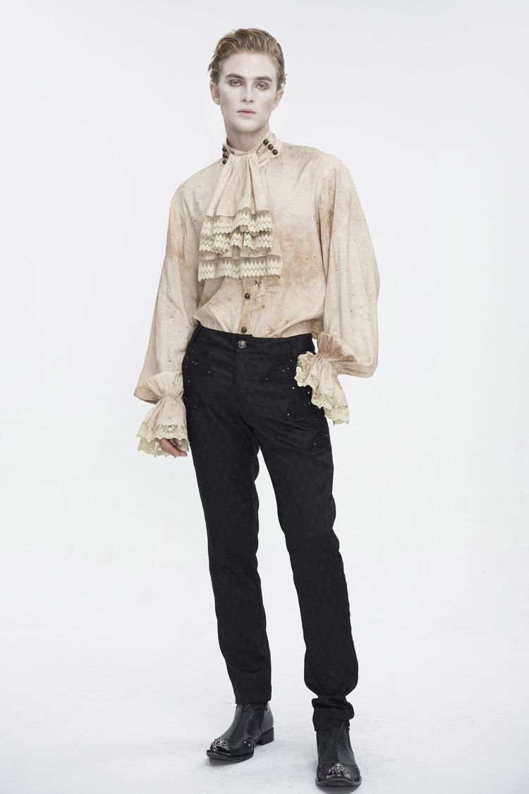 Apricot Stand Collar Puff Sleeved Men's Gothic Shirt With Necktie - Product - 4