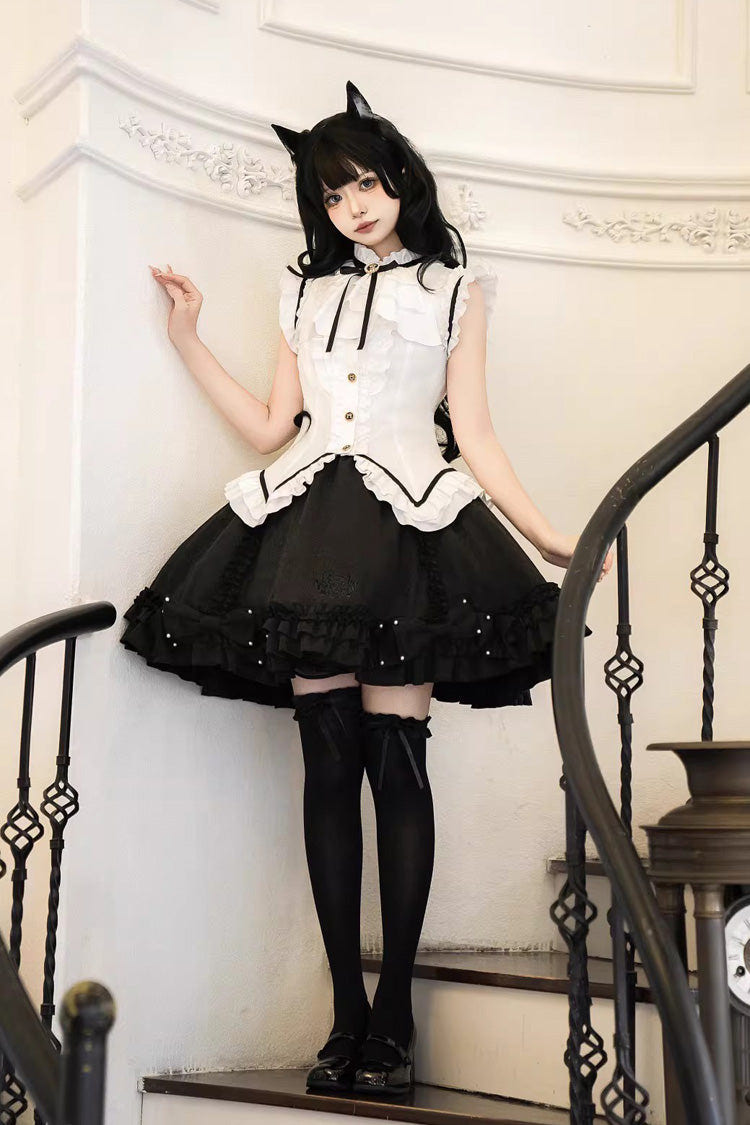 ブラック／ホワイト [Miss Black Cat] ノースリーブ プリント フリル スウィート プリンセス バレエ ロリータスカート セット 商品画像