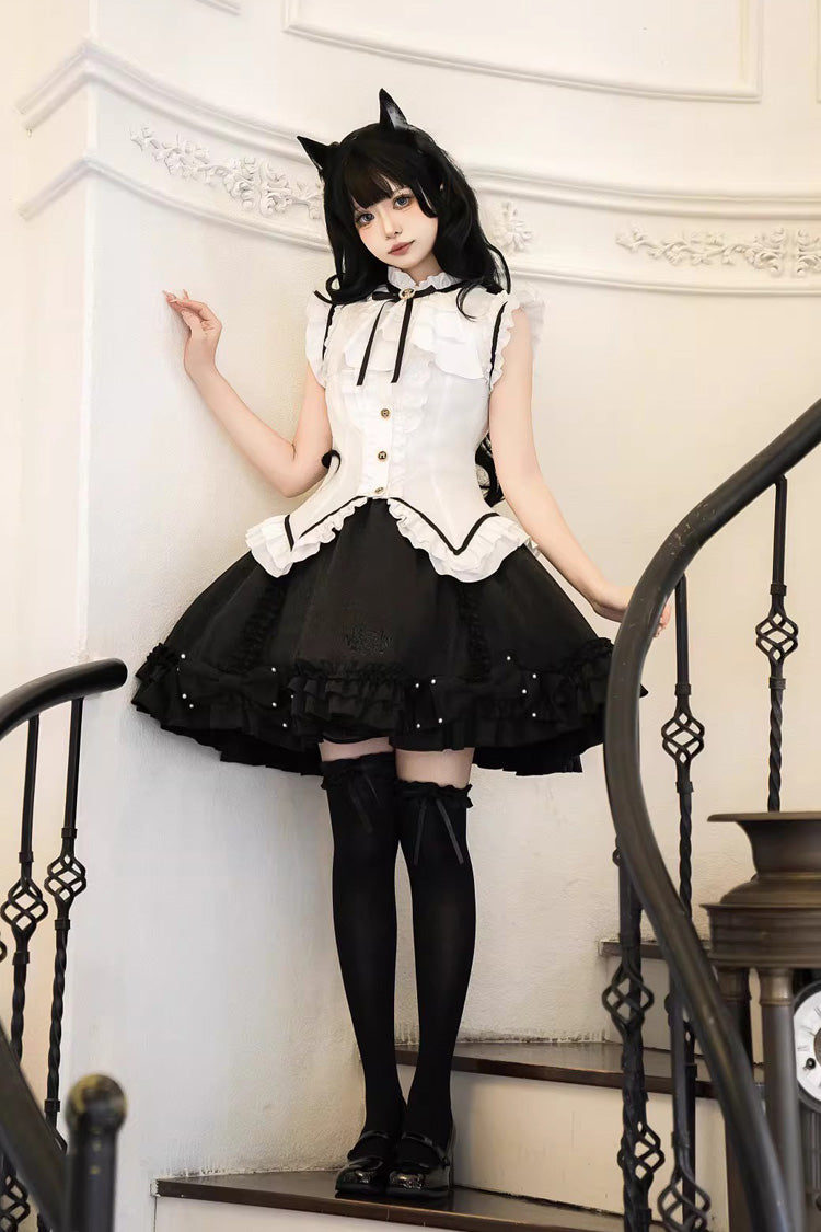 Black/White [Miss Black Cat] Sleeveless Printed Ruffled Sweet Princess Ballet Lolita Skirt Set - Product - 7