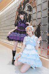 Black/Purple [Cotton Cloud] Lapel Collar Ruffle Bowknot Lace-Up Gothic Lolita Jsk Dress - Product - 14