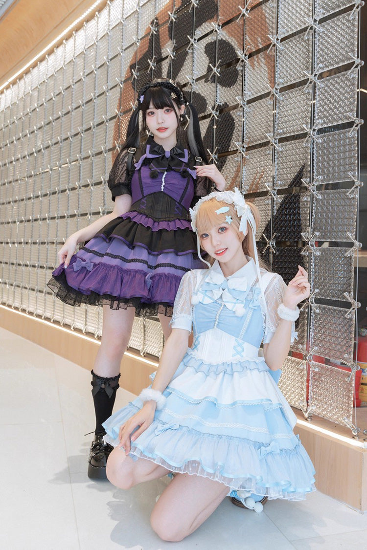 Black/Purple [Cotton Cloud] Lapel Collar Ruffle Bowknot Lace-Up Gothic Lolita Jsk Dress - Product - 14