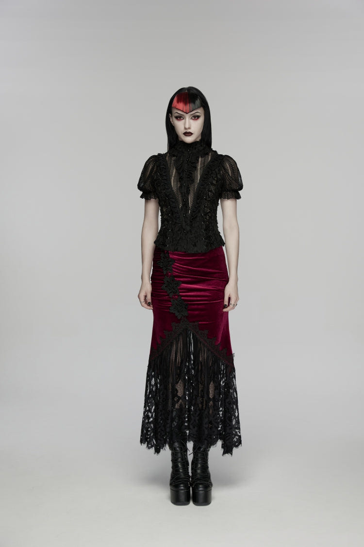 Black/Red Embroidered Lace Slim Women's Gothic Fishtail Velvet Skirt - Product - 2
