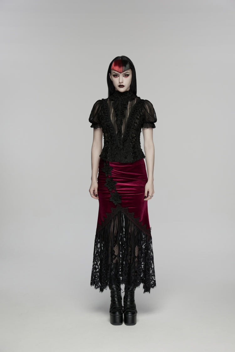 Black/Red Embroidered Lace Slim Women's Gothic Fishtail Velvet Skirt - Product - 2