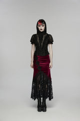 Black/Red Embroidered Lace Slim Women's Gothic Fishtail Velvet Skirt - Product - 2
