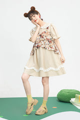 Beige Vintage Doll Collar Bear Print Fake Two Pieces Short Sleeves Sweet Lolita Dress - Product - 5