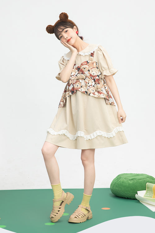 Beige Vintage Doll Collar Bear Print Fake Two Pieces Short Sleeves Sweet Lolita Dress - Product - 5