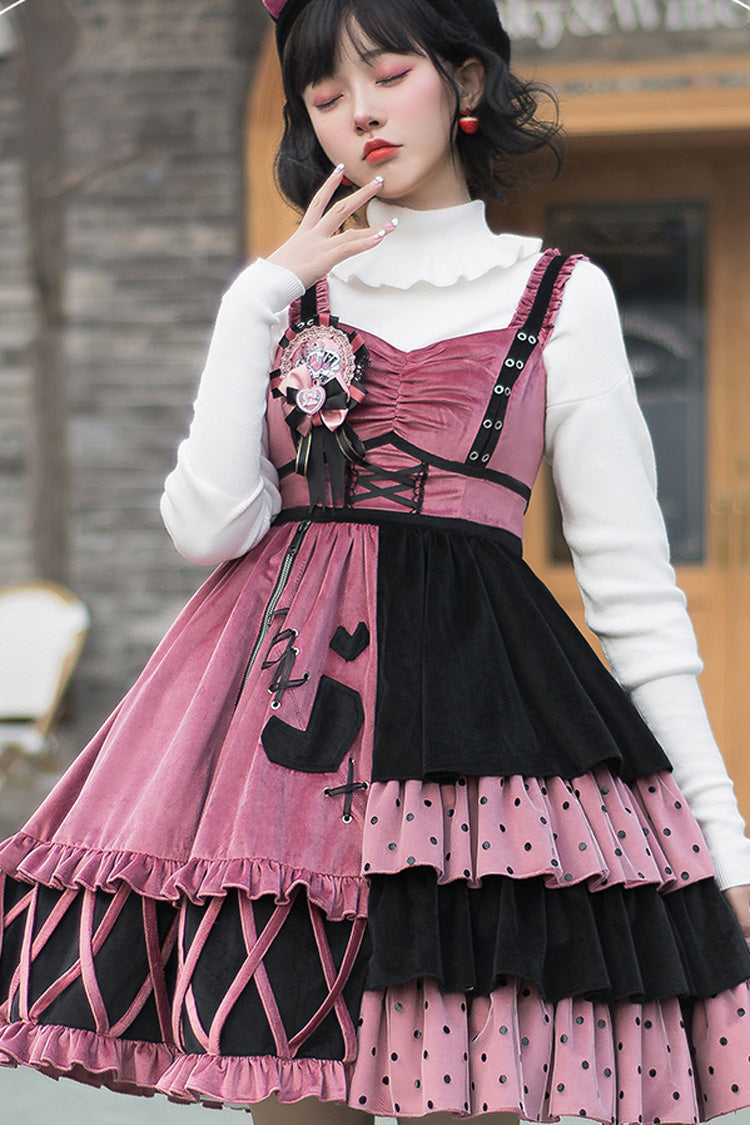 Red/Black Ruffle Stitching Vintage Sweet Lolita Dress - Red/Black - 1