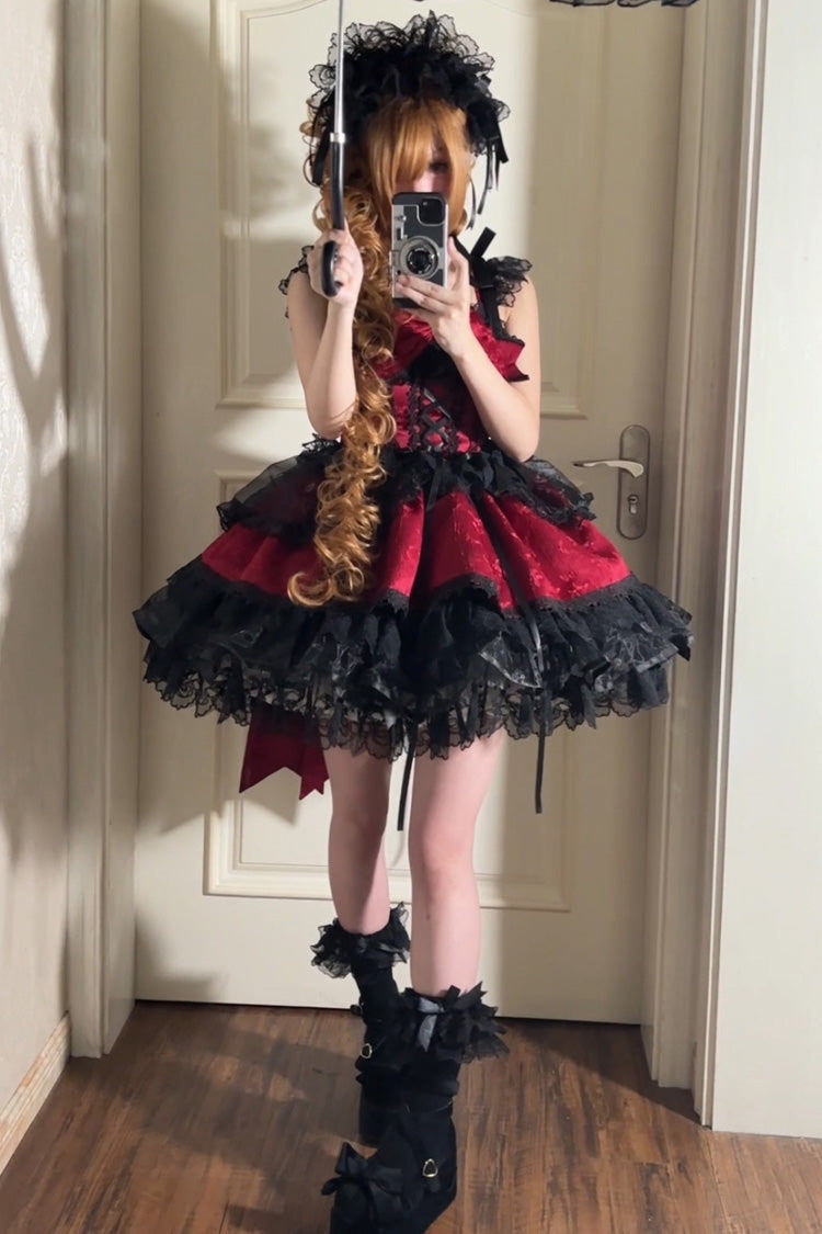 Red [Fleishi Island] Sleeveless Ruffle Bowknot Lace Slim Sweet Ballet Lolita Jsk Dress - Product - 5