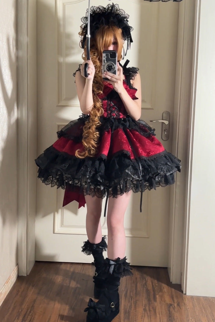 Red [Fleishi Island] Sleeveless Ruffle Bowknot Lace Slim Sweet Ballet Lolita Jsk Dress - Product - 5