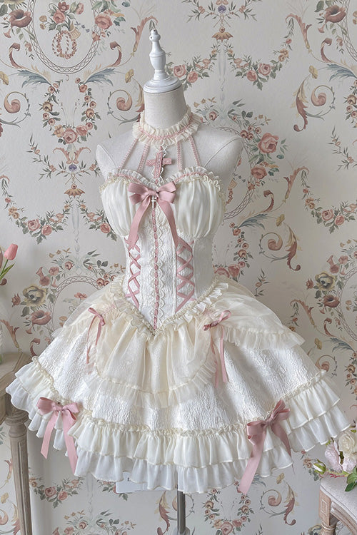 Ivory Pink Tube Top Sleeveless Blowknot Ruffled Sweet Lolita Tiered Dress - Product - 5