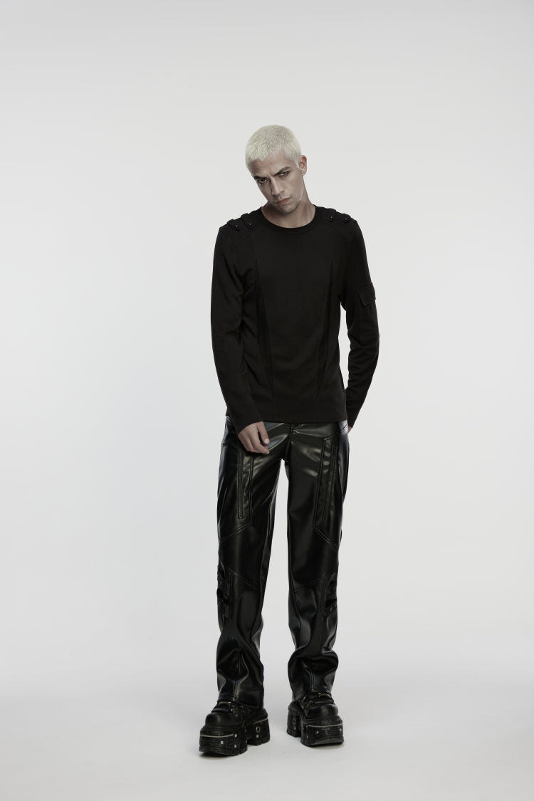 Black Zippered Eyelet Men's Punk Faux Leather Pants - Product - 8