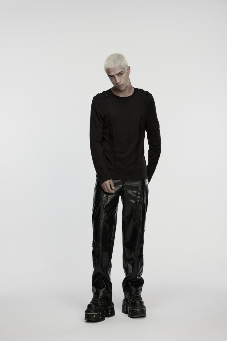 Black Zippered Eyelet Men's Punk Faux Leather Pants - Product - 8