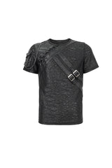 Black Vintage Print Buckle Splice Faux Leather Men's Punk T-Shirt - Product - 6