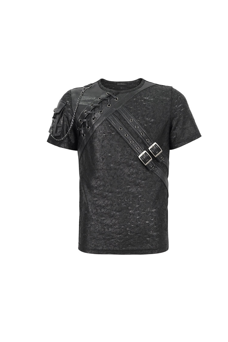Black Vintage Print Buckle Splice Faux Leather Men's Punk T-Shirt - Product - 6