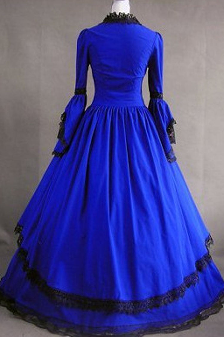 Dark Blue Cotton Square Collar Long Sleeves Floor Length Pleats Victorian Gothic Lolita Dress - Product - 2