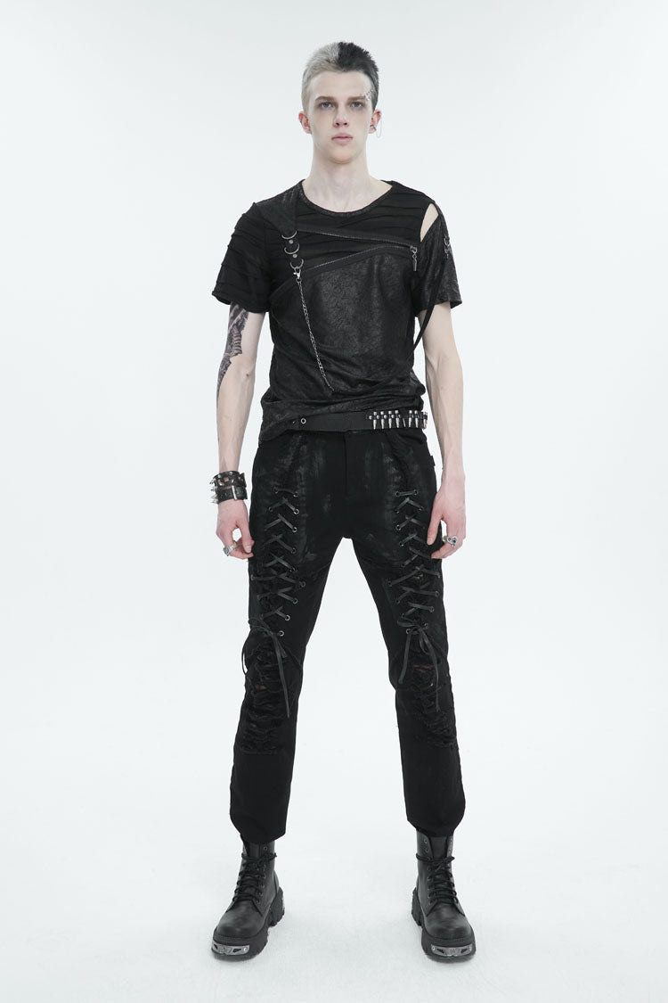 Black Left Off Shoulder Chest Zipper Embellished Men's Punk Short Sleeve - Product - 4
