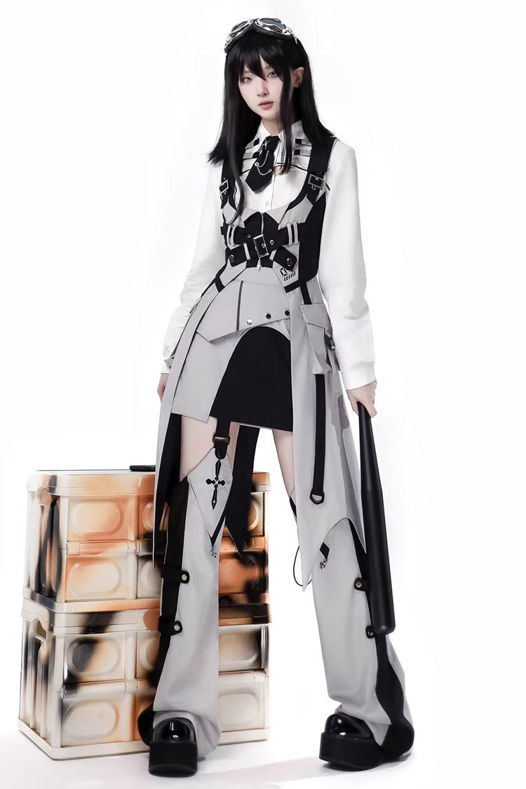 Black/White Long Sleeves Color Matching Handsome Sci-fi Lolita Skirt Set - Product - 8
