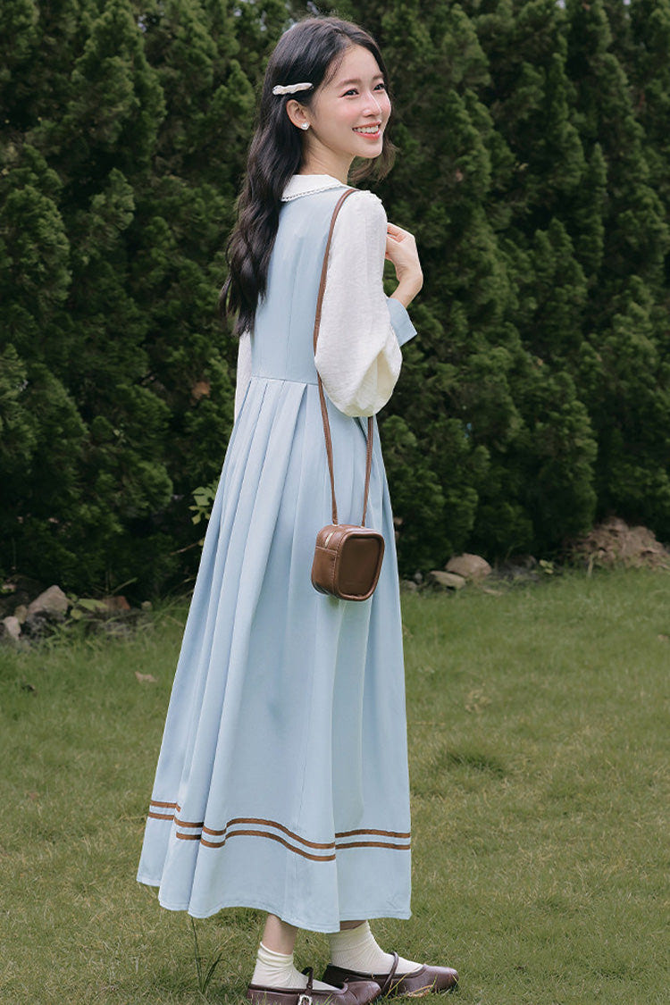 Light Blue Lapel Collar Long Sleeves Bow Spliced Faux Two-Piece Sweet College Style Lolita Dress - Product - 6