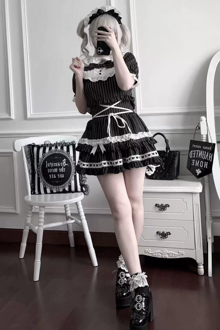 Black [Starry Tulle] Doll Collar Short Sleeves Double-Layered Striped Printed Ruffled Bow Gothic Jirai Kei Japanese Skirt Set - Product - 10