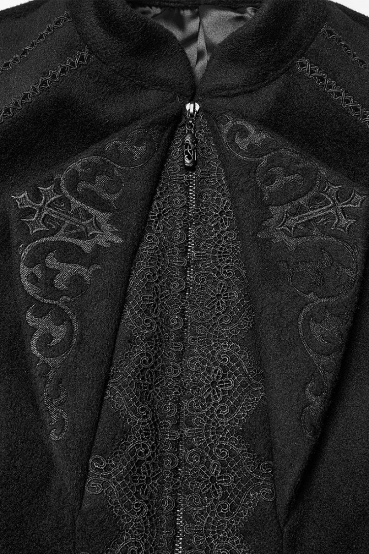 Black Stand Collar Long Sleeves Embroidered Lace-Up Zippered Women's Gothic Jacket - Product - 5