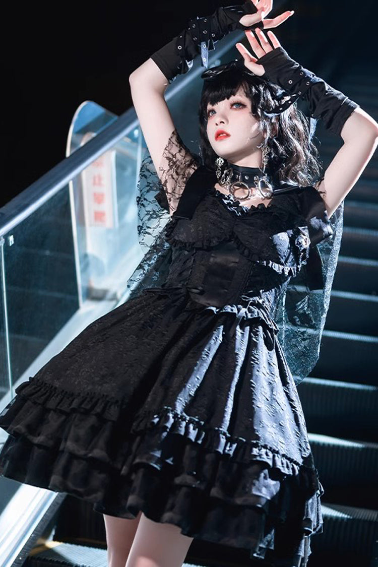 Black Lace Flying Sleeves Fish Bone Ruffle Gothic Lolita Dress - Product - 4