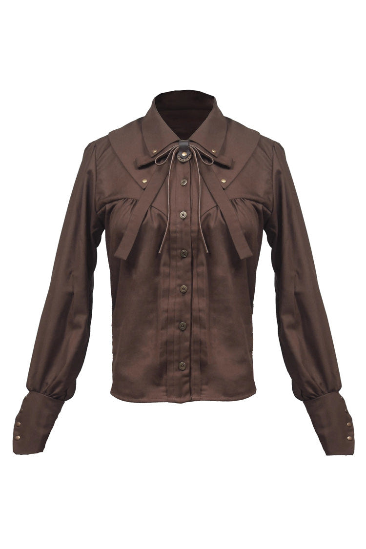 Brown Lapel Collar Long Sleeves Bowknot Vintage Ouji Lolita Blouse - Product - 4