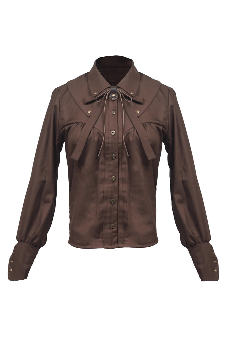 Brown Lapel Collar Long Sleeves Bowknot Vintage Ouji Lolita Blouse - Product - 4