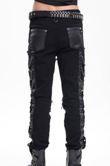 Black Stitching Eyelets Chains Studs Men's Gothic Pants - Product - 3