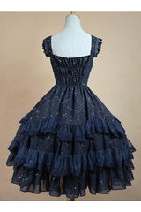 Chiffon Golden Star Bowknot Print Classic Lolita Sling Dress - Product - 5
