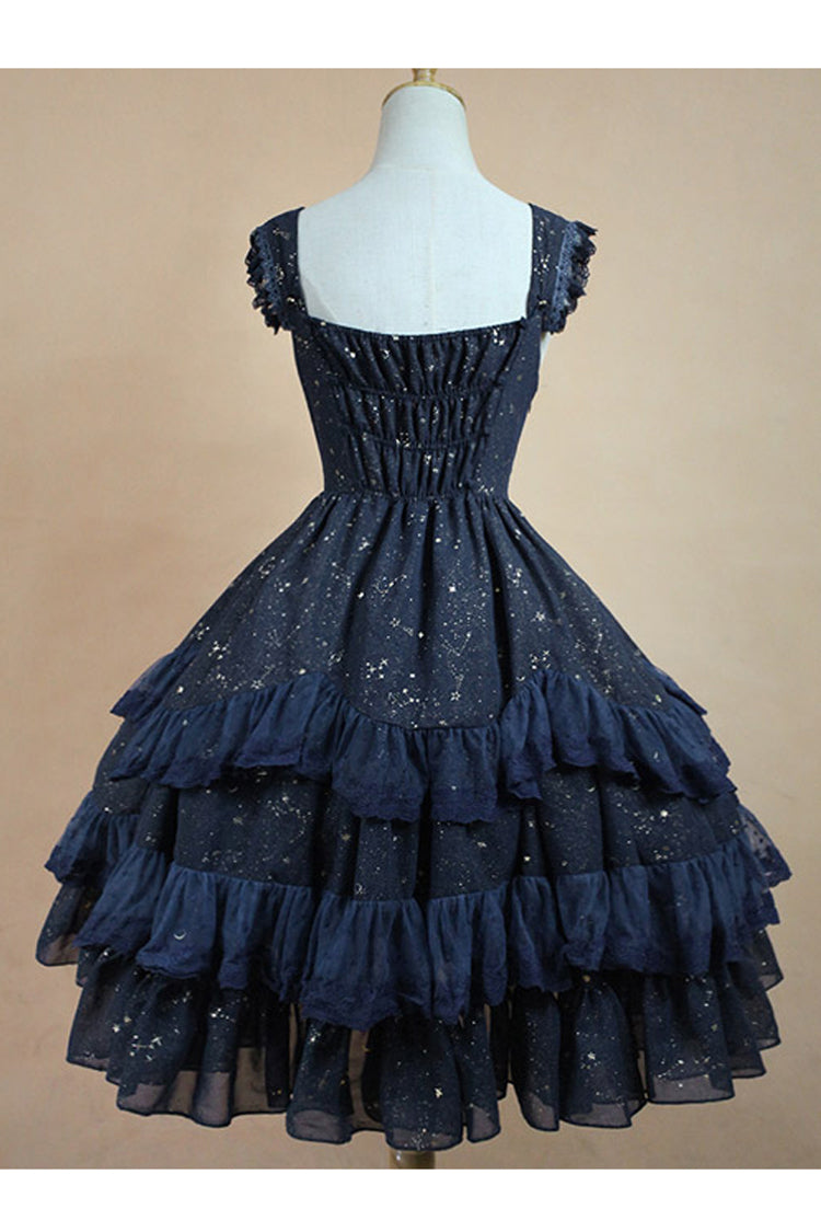 Chiffon Golden Star Bowknot Print Classic Lolita Sling Dress - Product - 5
