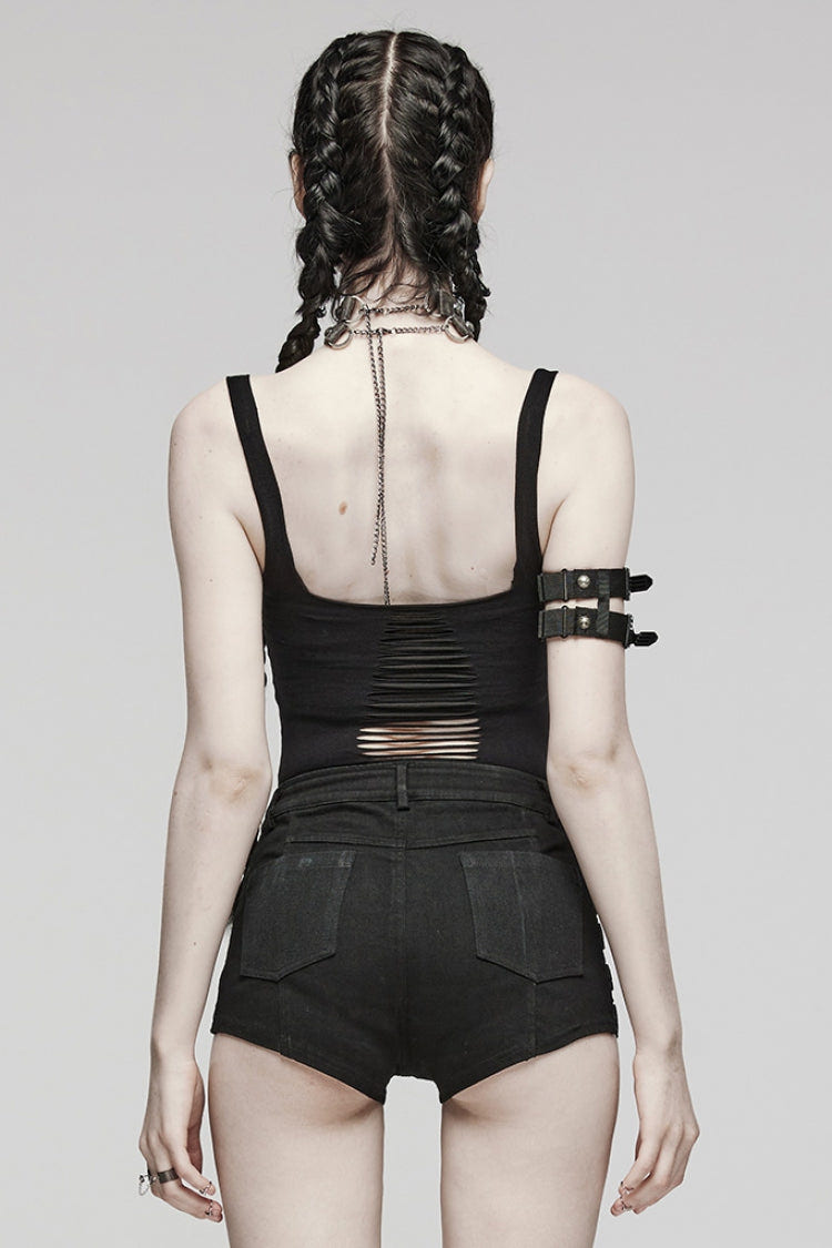 Black Sleeveless Ripped Spaghetti Straps Women's Punk Vest - Product - 3