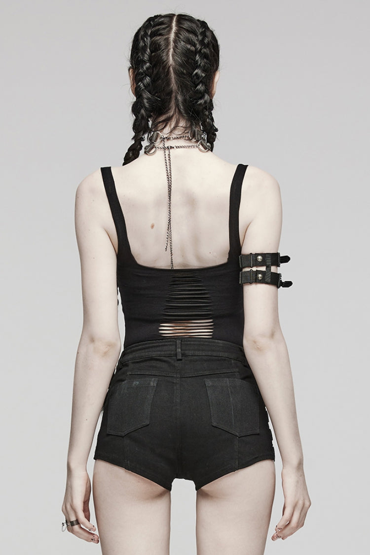 Black Sleeveless Ripped Spaghetti Straps Women's Punk Vest - Product - 3
