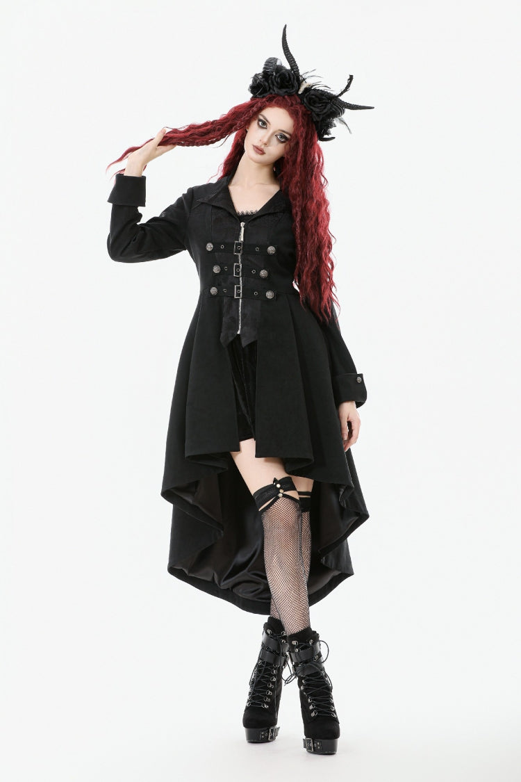 Black Lapel Collar Long Sleeves Lace-Up Irregular Bouble-breasted Buckle-up Women's Gothic Coat - Product - 2