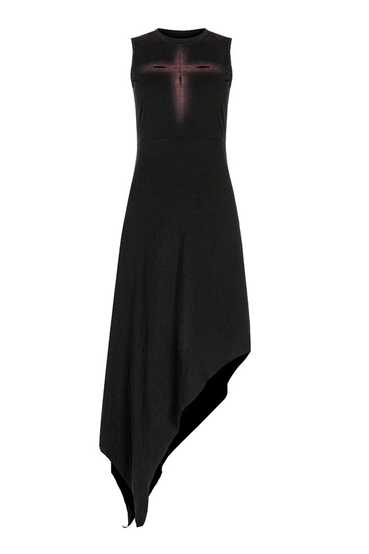 Black Hollowed Out Cross Spray-Painted Asymmetric Hem Sleeveless Women's Gothic Dress - Product - 5