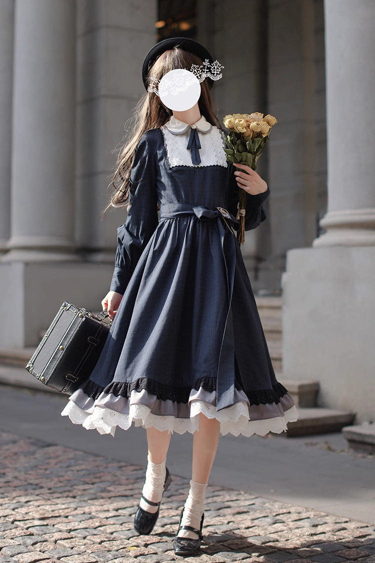 Dark Blue [Phyllis] Plaid Print Ruffle Bowknot Lace Vintage Elegant Lolita Dress - Product - 8