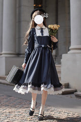 Dark Blue [Phyllis] Plaid Print Ruffle Bowknot Lace Vintage Elegant Lolita Dress - Product - 8
