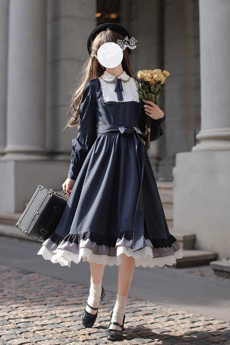 Dark Blue [Phyllis] Plaid Print Ruffle Bowknot Lace Vintage Elegant Lolita Dress - Product - 8