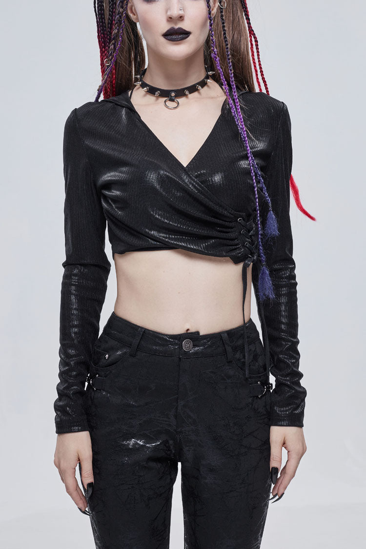 Black Shiny Vertical Grain Texture Tied Rope Decoration Hooded Short Women's Punk T-Shirt - Black - 1