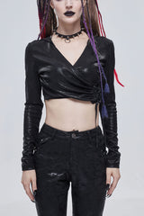 Black Shiny Vertical Grain Texture Tied Rope Decoration Hooded Short Women's Punk T-Shirt - Black - 1