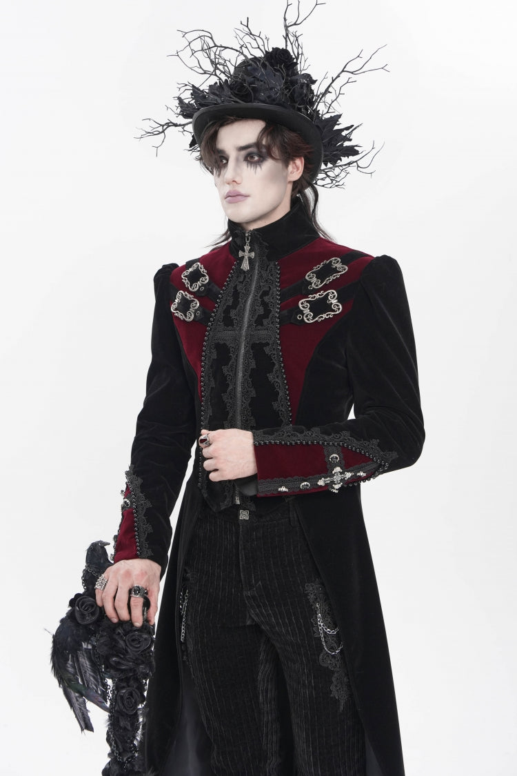 Black Stand Collar Long Sleeves Embroidered Color-Blocked Buckled Zippered Men's Gothic Palace Jacket - Product - 10